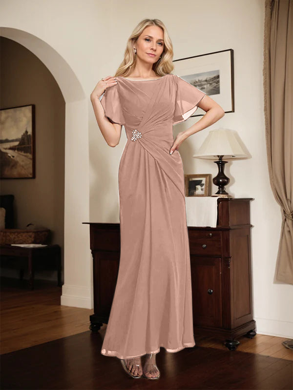 A-Linien Kleid mit Rundhalsausschnitt, knöchellang, Chiffon, Mutter der Braut mit Perlen und Falten