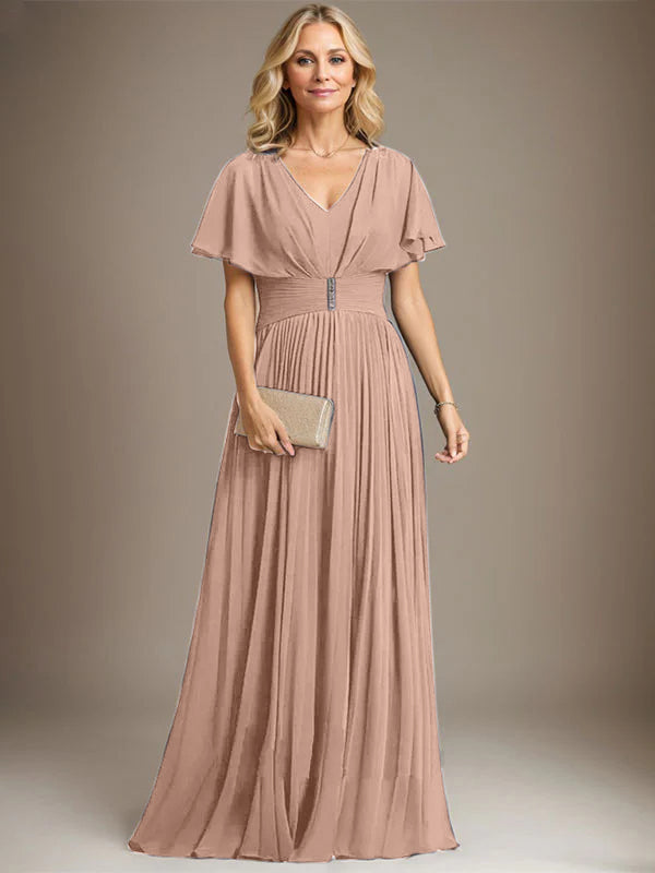 A-Linien V-Ausschnitt Bodenlanges Chiffon Brautmutterkleid mit Kristallbrosche und Plisseefalten