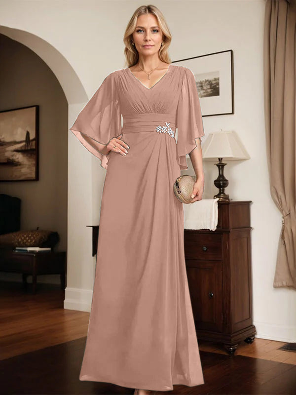 Etuikleid/Säule V-Ausschnitt bodenlanges Chiffon Mutter-der-Braut-Kleid mit plissierten Pailletten und Perlen