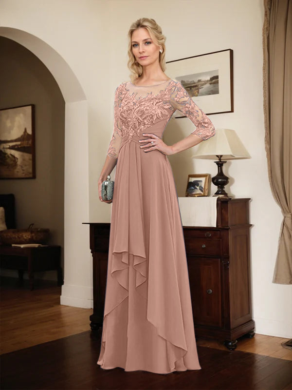 Robe mère de la mariée en ligne A avec col rond illusion, dentelle et chiffon longueur sol avec volants en cascade