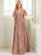 Vestido de madre de la novia en línea A con escote en V, largo hasta el suelo, encaje, lentejuelas y gasa plisada