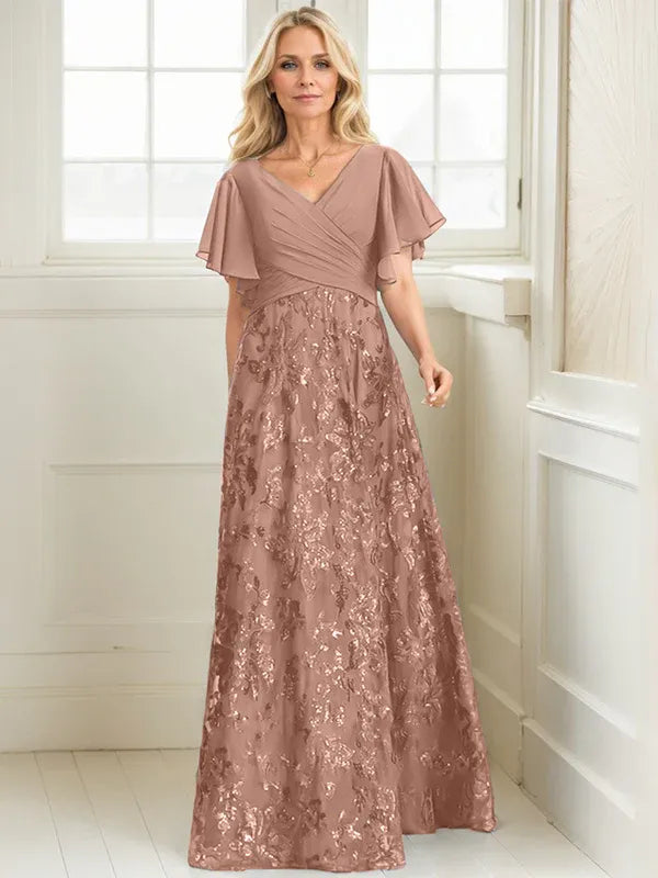 Vestido de madre de la novia en línea A con escote en V, largo hasta el suelo, encaje, lentejuelas y gasa plisada