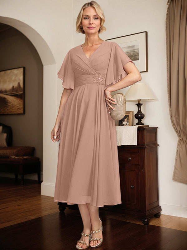 A-Linien Kleid mit V-Ausschnitt, tea-length Chiffon, Mutter der Braut mit plissierten Perlen