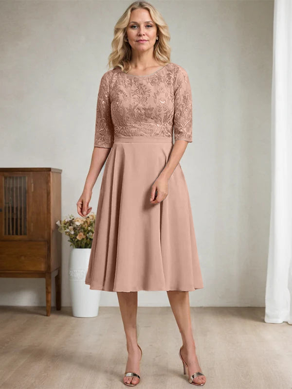 A-Linien Rundhalsausschnitt knielanges Spitzen-Chiffon Kleid für die Mutter der Braut