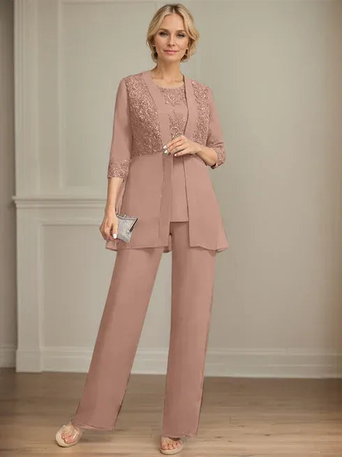 Combinaison/pantalon séparé en mousseline et dentelle, longueur au sol, col rond, robe mère de la mariée avec sequins