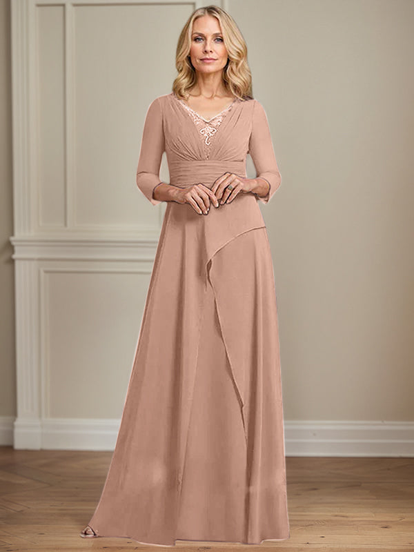 A-Linien Chiffon-Mutter-der-Braut-Kleid mit V-Ausschnitt, bodenlang, plissierte Perlenverzierung