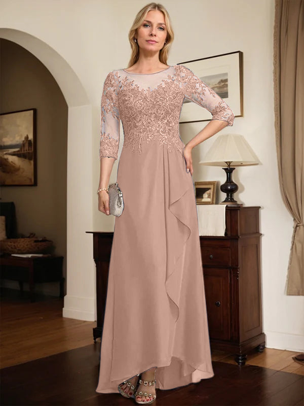 A-Linien Rundhals Illusions-Asymmetrische Spitze Chiffon Brautmutterkleid mit Pailletten und fallenden Rüschen