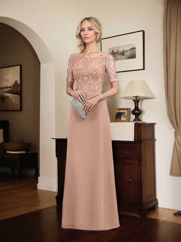 A-Linien Spitzen-Chiffon-Mutter-der-Braut-Kleid mit Rundhalsausschnitt, bodenlang und Pailletten