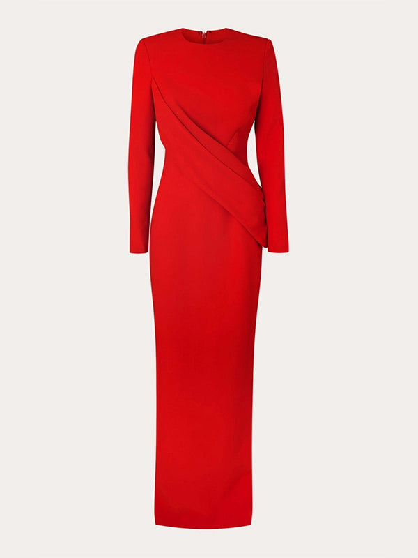 Rotes Etuikleid/Säulenkleid mit Rundhalsausschnitt, langen Ärmeln, Chiffon, bodenlang mit Rüschen, formell