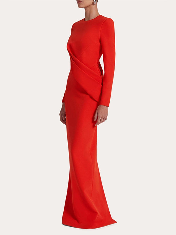 Rotes Etuikleid/Säulenkleid mit Rundhalsausschnitt, langen Ärmeln, Chiffon, bodenlang mit Rüschen, formell