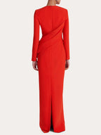 Rotes Etuikleid/Säulenkleid mit Rundhalsausschnitt, langen Ärmeln, Chiffon, bodenlang mit Rüschen, formell