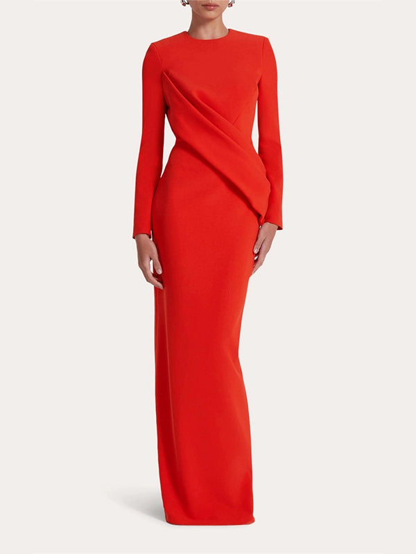 Rotes Etuikleid/Säulenkleid mit Rundhalsausschnitt, langen Ärmeln, Chiffon, bodenlang mit Rüschen, formell