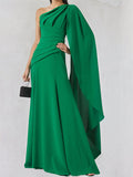 A Line Green Chiffon One Shoulder Long Cape Sleeves Floor Length Dress
