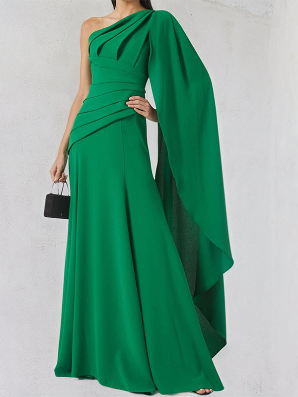 A Line Green Chiffon One Shoulder Long Cape Sleeves Floor Length Dress