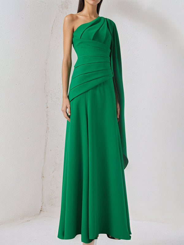 A Line Green Chiffon One Shoulder Long Cape Sleeves Floor Length Dress