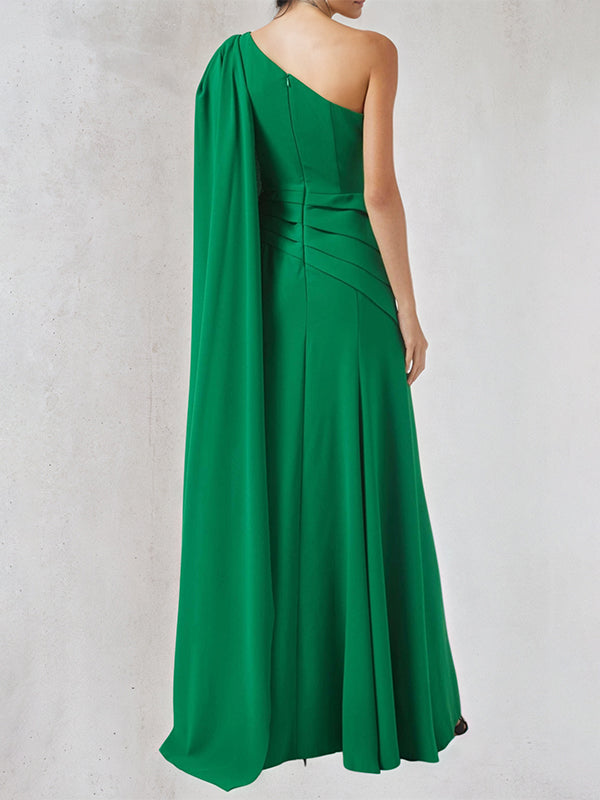A Line Green Chiffon One Shoulder Long Cape Sleeves Floor Length Dress