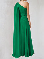 A Line Green Chiffon One Shoulder Long Cape Sleeves Floor Length Dress
