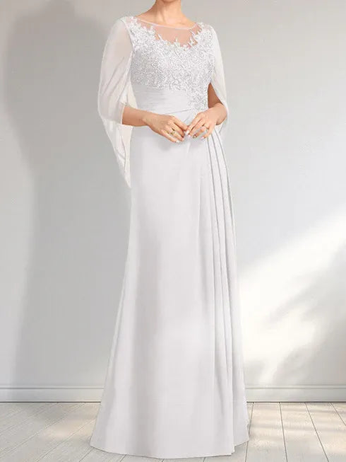 A-Linien Rundhals Illusions bodenlanges Spitzen-Chiffon Kleid für die Brautmutter mit plissierten Pailletten