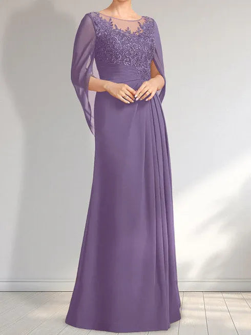 A-Linien Rundhals Illusions bodenlanges Spitzen-Chiffon Kleid für die Brautmutter mit plissierten Pailletten