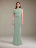 Mist Green Satin One Shoulder Sleeveless Floor Length Formal Dress