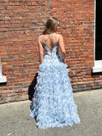 Whimsical Blue Floral Tiered Ruffled Corset Prom Dress