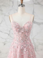 Whimsical Pink 3D Floral Applique Tulle Prom Dress with Slit