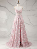 Whimsical Pink 3D Floral Applique Tulle Prom Dress with Slit