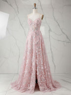 Whimsical Pink 3D Floral Applique Tulle Prom Dress with Slit