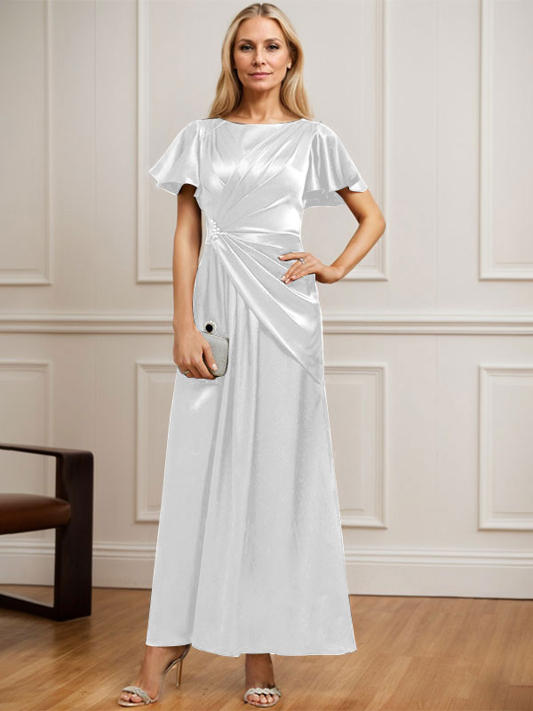 A-Linien Rundhals Knöchellanges Stretch Satin Mutter der Braut Kleid mit Plissierten Perlen
