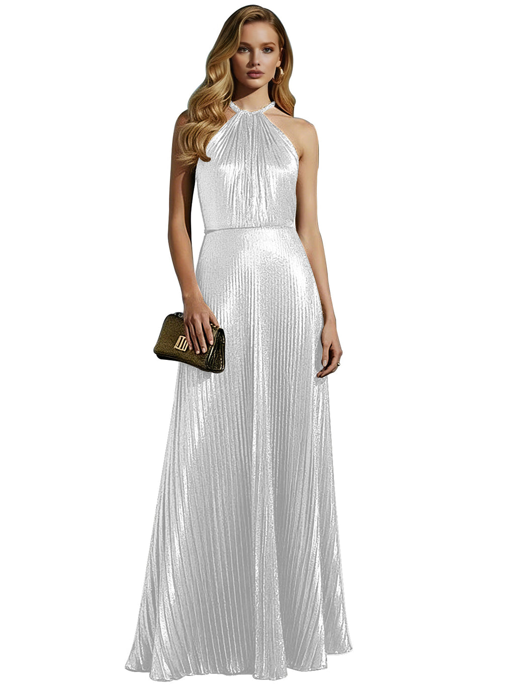 Robe de bal longue plissée en or champagne luxueux à col licou