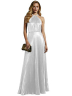 Robe de bal longue plissée en or champagne luxueux à col licou