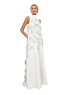 A Line High Neck Sleeveless Floor Length Stretch Crepe Dress With 3D Flowers