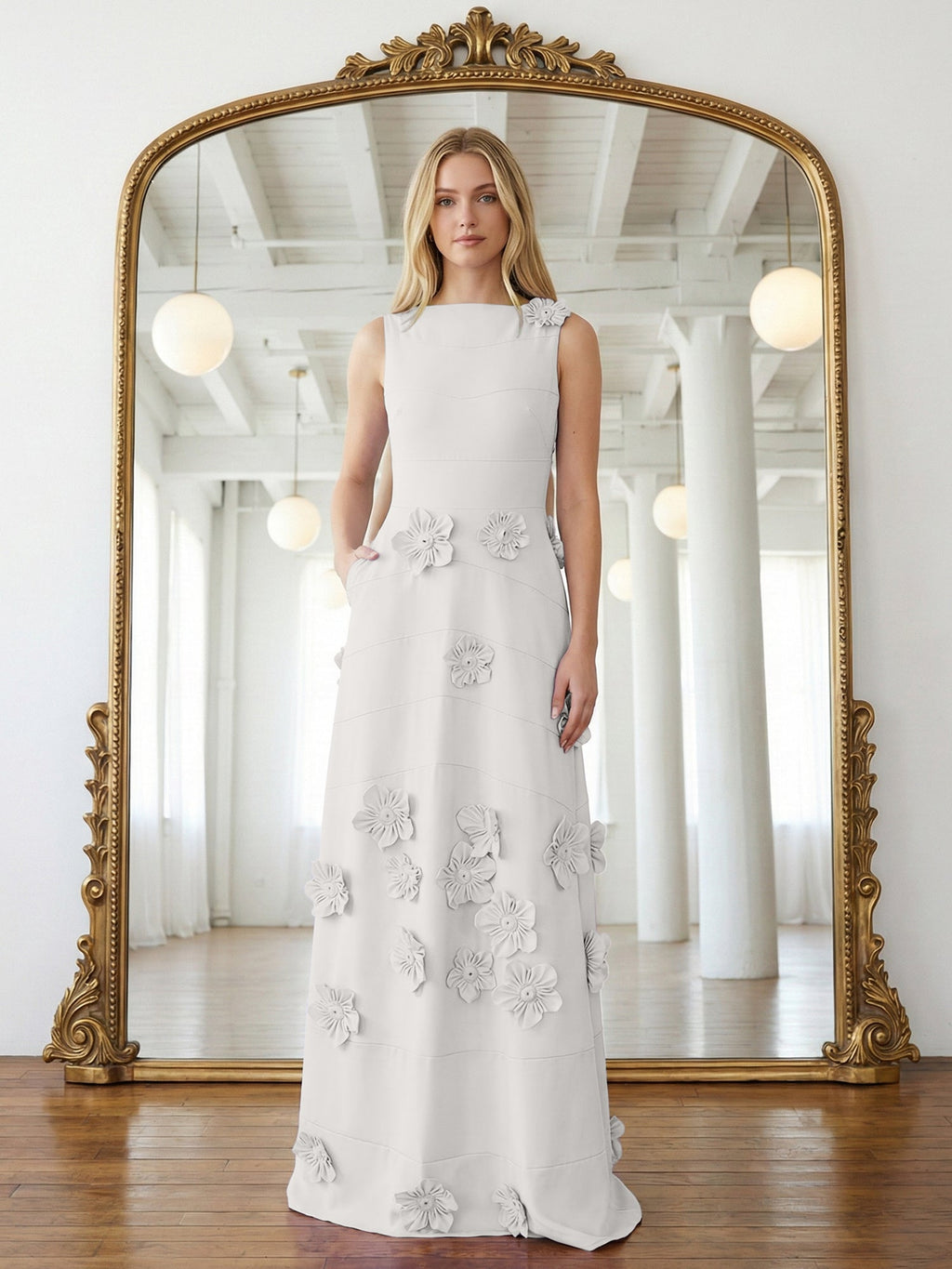 Lavendelfarbenes formelles Kleid mit U-Boot-Ausschnitt und herabfließenden 3D-Blumen