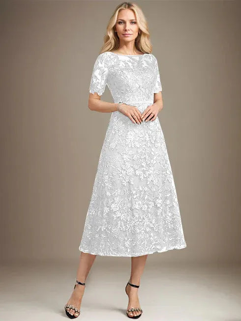 A-Linien Rundhals Illusions-Tea-Length Spitzenkleid der Brautmutter mit Pailletten