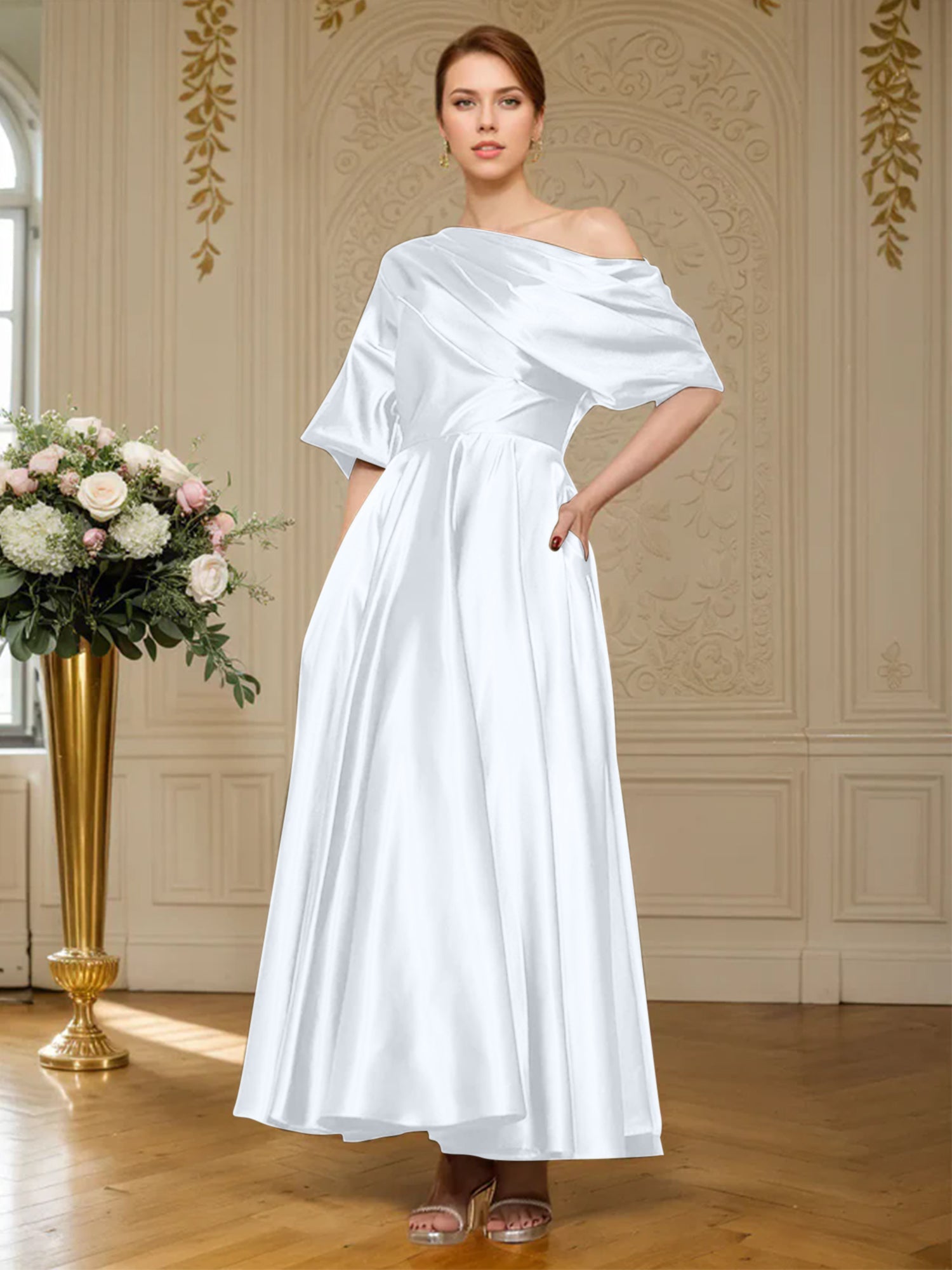 A-Linien Kurzarm plissiertes knöchellanges seidenähnliches Satin Kleid für die Brautmutter