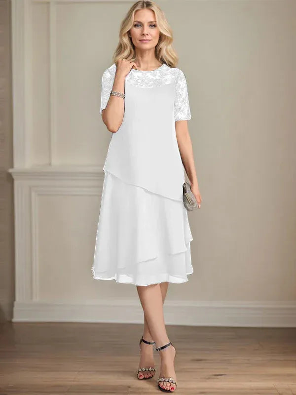 A-Linien Rundhals Illusions-Knie-Länge Spitzen-Chiffon Kleid für die Brautmutter mit Pailletten