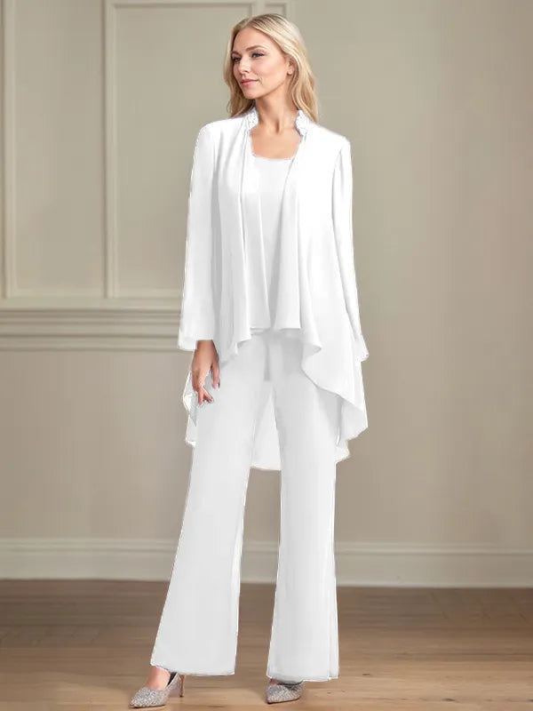 Chiffon Kleid mit Rundhalsausschnitt, langen Ärmeln, bodenlang, Hosenanzug für die Brautmutter
