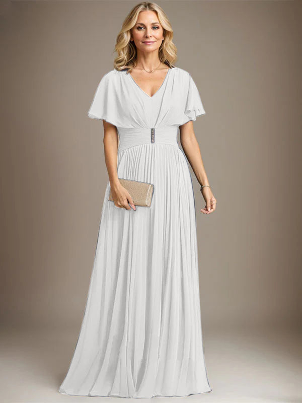 A-Linien V-Ausschnitt Bodenlanges Chiffon Brautmutterkleid mit Kristallbrosche und Plisseefalten
