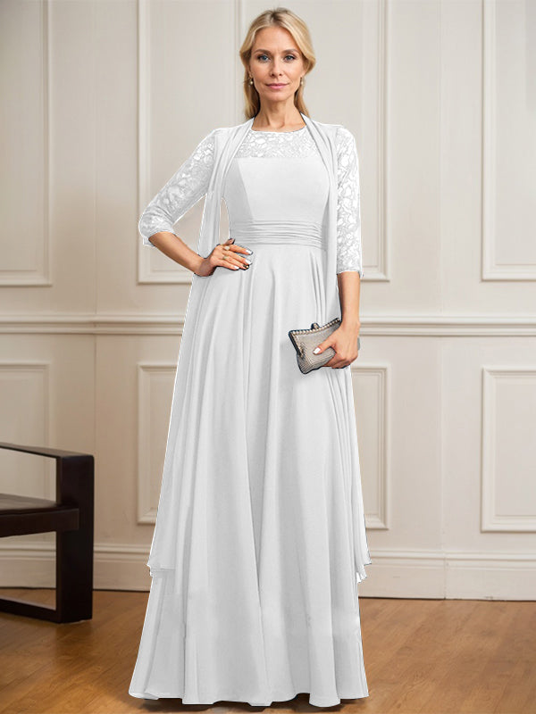 A-Linien Kleid mit Rundhalsausschnitt, Illusion, bodenlang aus Spitze und Chiffon, Mutter-der-Braut-Kleid mit Faltenwurf