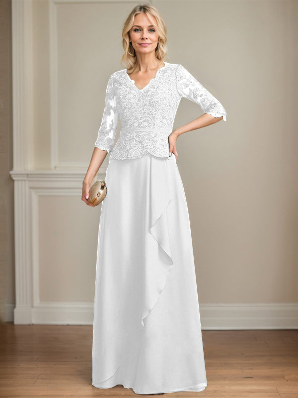 Robe mère de la mariée en dentelle et chiffon, coupe évasée, encolure en V, longue au sol avec volants en cascade et sequins
