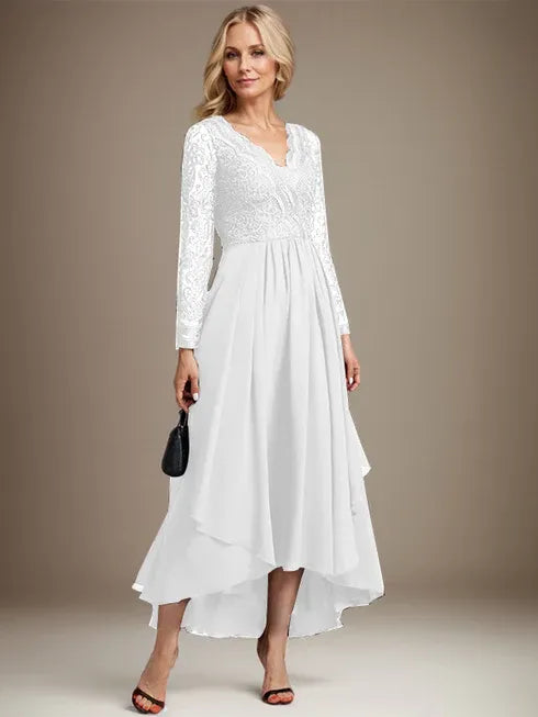 Vestido de madre de la novia en línea A con escote en V, encaje y gasa asimétrica