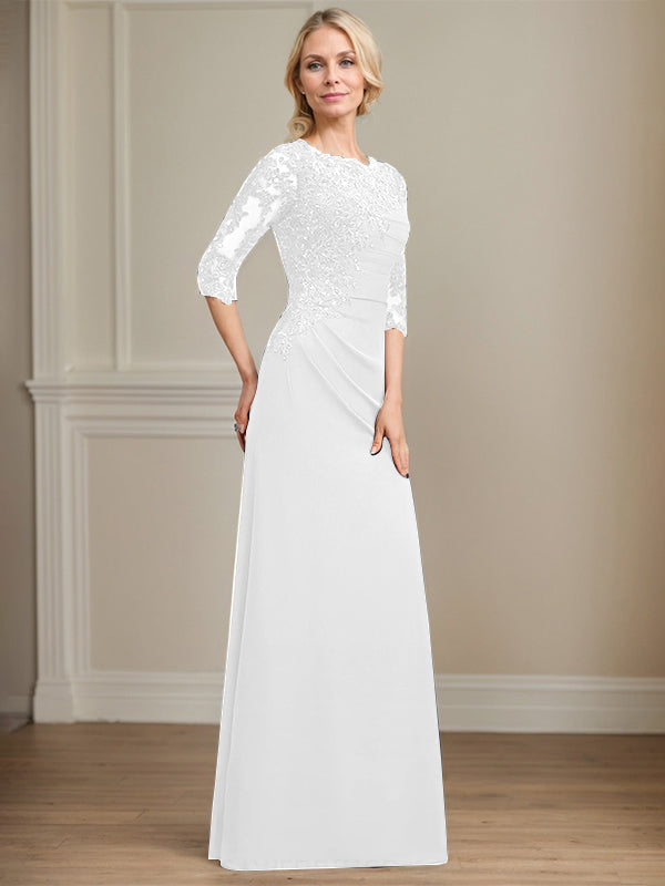 A-Linie Rundhals bodenlanges Chiffon Spitzen Brautmutterkleid mit Perlen Falten Pailletten