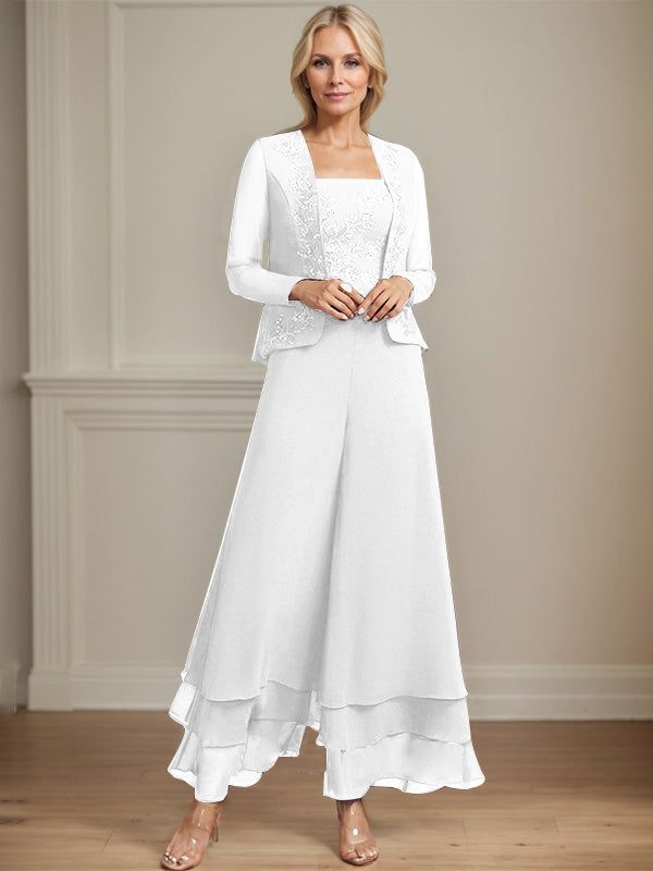 Zweiteiler Jumpsuit/Hosenanzug quadratisch knöchellang Spitze Chiffon Brautmutterkleid mit Pailletten