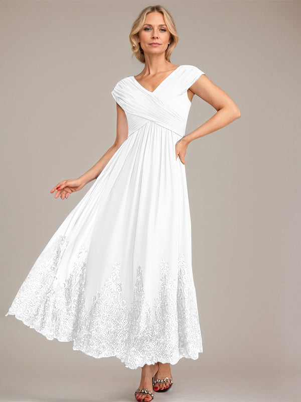 A-Linien V-Ausschnitt Knöchellanges Chiffon Kleid der Brautmutter mit Applikationen und Pailletten