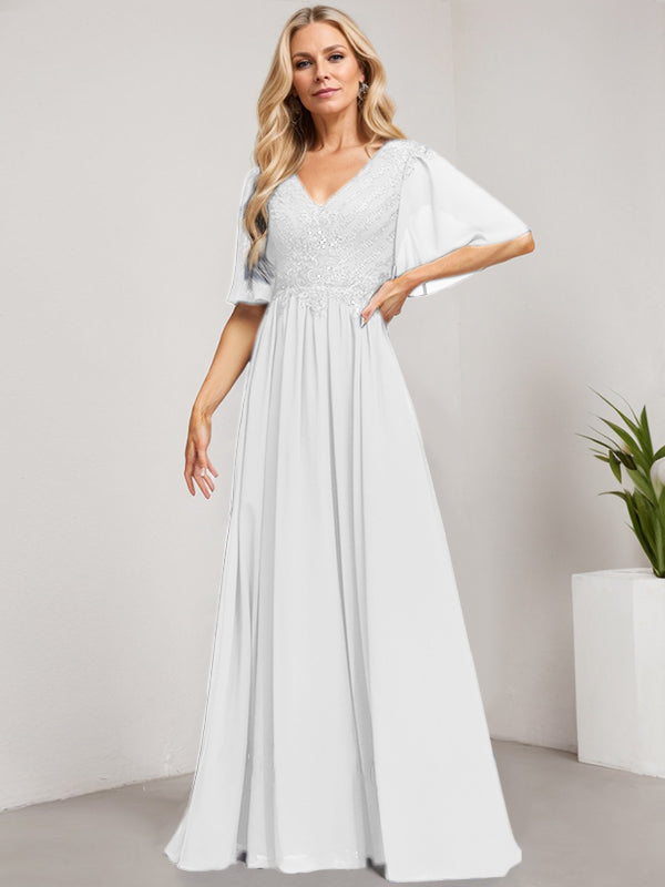 Robe mère de la mariée ligne A col en V longue en dentelle et chiffon avec sequins