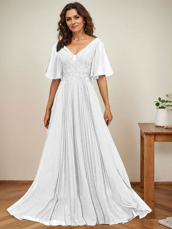 A-Linien V-Ausschnitt bodenlanges Chiffon Mutterkleid der Braut mit Pailletten-Applikationen, Spitze und Falten