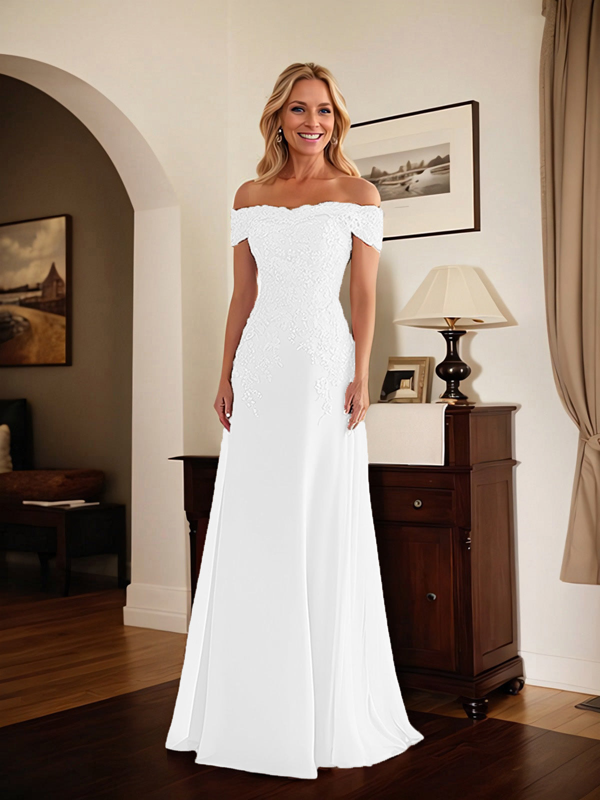 Elegantes taupefarbenes schulterfreies Etuikleid Mutter der Braut Kleid mit Spitze