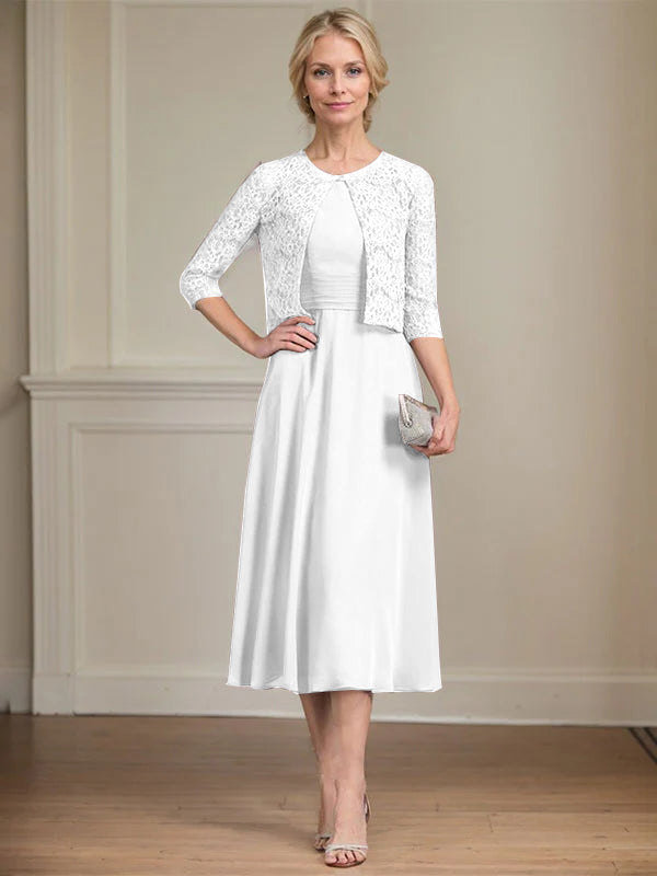A-Linien Rundhals Tee-Länge Chiffon Kleid für die Mutter der Braut mit Falten