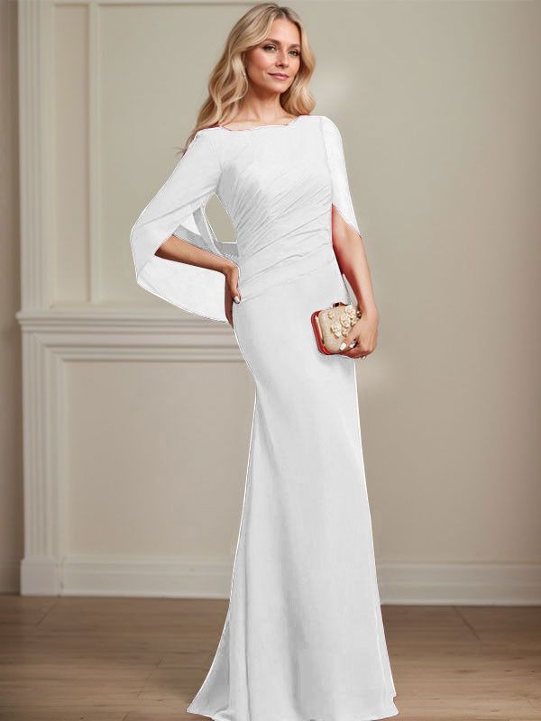 Trompeten-/Meerjungfrauen-Chiffonkleid mit Bootsausschnitt, bodenlang, plissiert, Brautmutterkleid