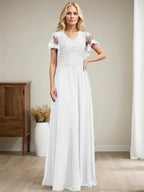 A-Linien V-Ausschnitt Bodenlanges Spitzen-Chiffon Kleid für die Brautmutter mit Pailletten